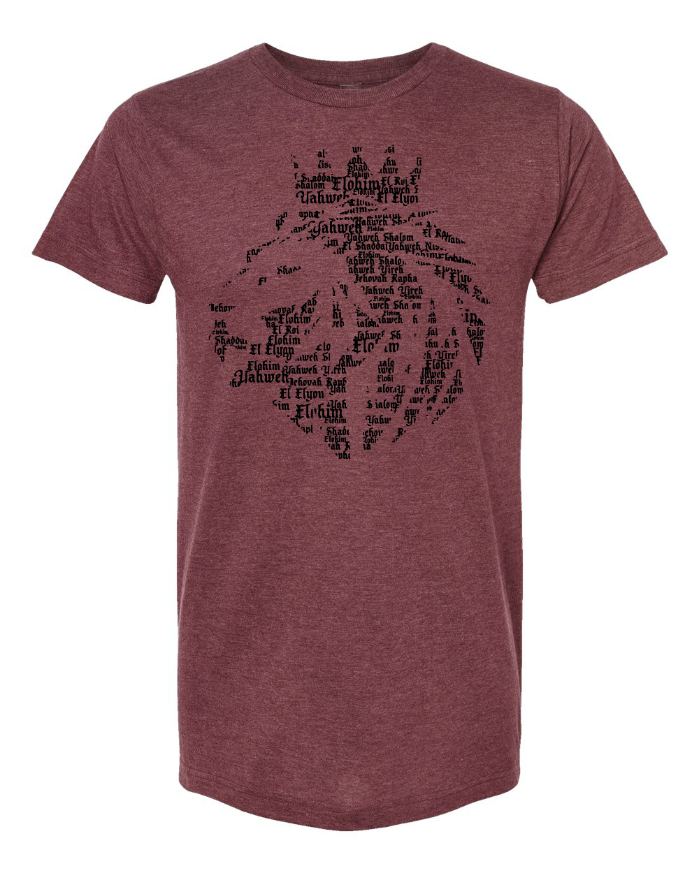 Maroon t-shirt with black graphic design on a white background